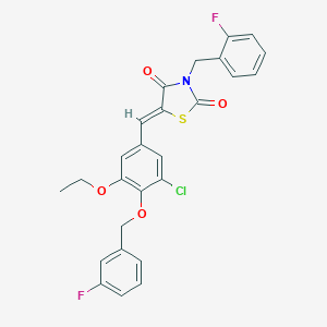 molecular formula C26H20ClF2NO4S B306319 5-{3-Chloro-5-ethoxy-4-[(3-fluorobenzyl)oxy]benzylidene}-3-(2-fluorobenzyl)-1,3-thiazolidine-2,4-dione 