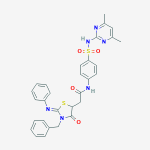 molecular formula C30H28N6O4S2 B306325 2-(3-benzyl-4-oxo-2-phenylimino-1,3-thiazolidin-5-yl)-N-[4-[(4,6-dimethylpyrimidin-2-yl)sulfamoyl]phenyl]acetamide 