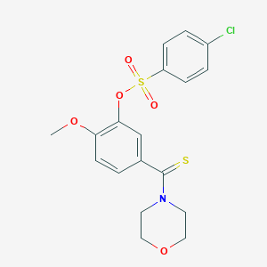 molecular formula C18H18ClNO5S2 B306343 2-Methoxy-5-(4-morpholinylcarbothioyl)phenyl 4-chlorobenzenesulfonate 