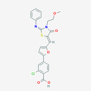 molecular formula C24H19ClN2O5S B306388 2-chloro-4-(5-{(Z)-[(2Z)-3-(2-methoxyethyl)-4-oxo-2-(phenylimino)-1,3-thiazolidin-5-ylidene]methyl}furan-2-yl)benzoic acid 