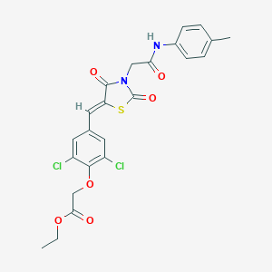 molecular formula C23H20Cl2N2O6S B306398 Ethyl [2,6-dichloro-4-({2,4-dioxo-3-[2-oxo-2-(4-toluidino)ethyl]-1,3-thiazolidin-5-ylidene}methyl)phenoxy]acetate 