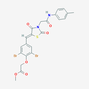 molecular formula C22H18Br2N2O6S B306410 Methyl [2,6-dibromo-4-({2,4-dioxo-3-[2-oxo-2-(4-toluidino)ethyl]-1,3-thiazolidin-5-ylidene}methyl)phenoxy]acetate 