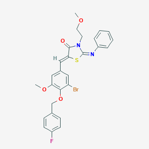 molecular formula C27H24BrFN2O4S B306411 5-{3-Bromo-4-[(4-fluorobenzyl)oxy]-5-methoxybenzylidene}-3-(2-methoxyethyl)-2-(phenylimino)-1,3-thiazolidin-4-one 