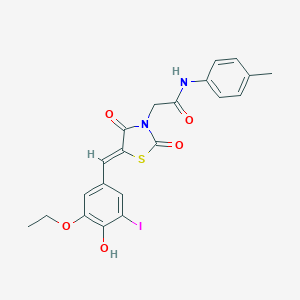 molecular formula C21H19IN2O5S B306414 2-[5-(3-ethoxy-4-hydroxy-5-iodobenzylidene)-2,4-dioxo-1,3-thiazolidin-3-yl]-N-(4-methylphenyl)acetamide 