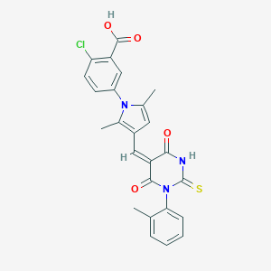 molecular formula C25H20ClN3O4S B306415 2-chloro-5-{2,5-dimethyl-3-[(1-(2-methylphenyl)-4,6-dioxo-2-thioxotetrahydro-5(2H)-pyrimidinylidene)methyl]-1H-pyrrol-1-yl}benzoic acid 