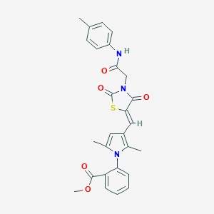 molecular formula C27H25N3O5S B306416 methyl 2-[3-({2,4-dioxo-3-[2-oxo-2-(4-toluidino)ethyl]-1,3-thiazolidin-5-ylidene}methyl)-2,5-dimethyl-1H-pyrrol-1-yl]benzoate 