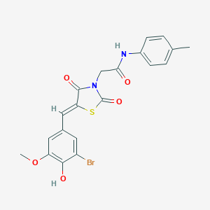 molecular formula C20H17BrN2O5S B306417 2-[5-(3-bromo-4-hydroxy-5-methoxybenzylidene)-2,4-dioxo-1,3-thiazolidin-3-yl]-N-(4-methylphenyl)acetamide 