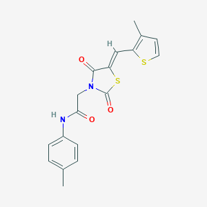 molecular formula C18H16N2O3S2 B306418 N-(4-methylphenyl)-2-{5-[(3-methyl-2-thienyl)methylene]-2,4-dioxo-1,3-thiazolidin-3-yl}acetamide 