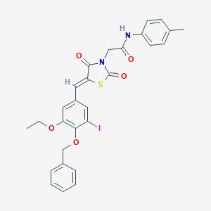 molecular formula C28H25IN2O5S B306419 2-{5-[4-(benzyloxy)-3-ethoxy-5-iodobenzylidene]-2,4-dioxo-1,3-thiazolidin-3-yl}-N-(4-methylphenyl)acetamide 