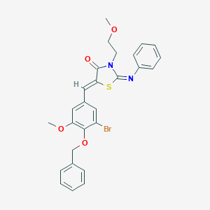 molecular formula C27H25BrN2O4S B306427 5-[4-(Benzyloxy)-3-bromo-5-methoxybenzylidene]-3-(2-methoxyethyl)-2-(phenylimino)-1,3-thiazolidin-4-one 