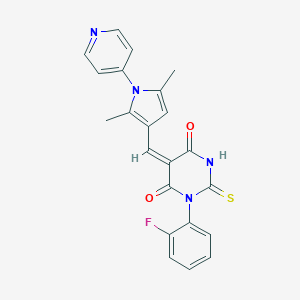 molecular formula C22H17FN4O2S B306429 (5E)-5-{[2,5-dimethyl-1-(pyridin-4-yl)-1H-pyrrol-3-yl]methylidene}-1-(2-fluorophenyl)-2-thioxodihydropyrimidine-4,6(1H,5H)-dione 