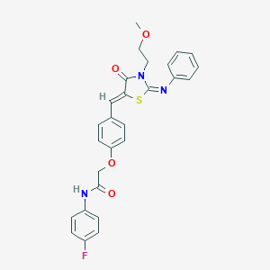 molecular formula C27H24FN3O4S B306431 N-(4-fluorophenyl)-2-(4-{[3-(2-methoxyethyl)-4-oxo-2-(phenylimino)-1,3-thiazolidin-5-ylidene]methyl}phenoxy)acetamide 