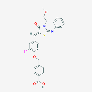 molecular formula C27H23IN2O5S B306435 4-[(2-Iodo-4-{[3-(2-methoxyethyl)-4-oxo-2-(phenylimino)-1,3-thiazolidin-5-ylidene]methyl}phenoxy)methyl]benzoic acid 