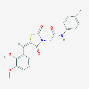 molecular formula C20H18N2O5S B306436 2-[5-(2-hydroxy-3-methoxybenzylidene)-2,4-dioxo-1,3-thiazolidin-3-yl]-N-(4-methylphenyl)acetamide 