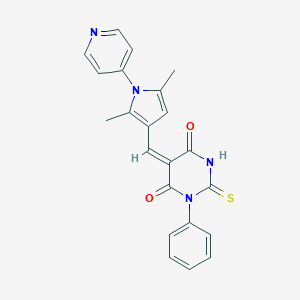 molecular formula C22H18N4O2S B306440 (5E)-5-{[2,5-dimethyl-1-(pyridin-4-yl)-1H-pyrrol-3-yl]methylidene}-1-phenyl-2-thioxodihydropyrimidine-4,6(1H,5H)-dione 