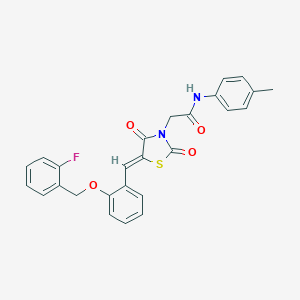 molecular formula C26H21FN2O4S B306441 2-(5-{2-[(2-fluorobenzyl)oxy]benzylidene}-2,4-dioxo-1,3-thiazolidin-3-yl)-N-(4-methylphenyl)acetamide 