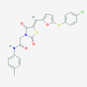 molecular formula C23H17ClN2O4S2 B306442 2-[5-({5-[(4-chlorophenyl)sulfanyl]-2-furyl}methylene)-2,4-dioxo-1,3-thiazolidin-3-yl]-N-(4-methylphenyl)acetamide 