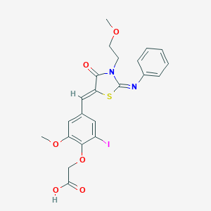 molecular formula C22H21IN2O6S B306445 (2-Iodo-6-methoxy-4-{[3-(2-methoxyethyl)-4-oxo-2-(phenylimino)-1,3-thiazolidin-5-ylidene]methyl}phenoxy)acetic acid 