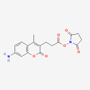 molecular formula C17H16N2O6 B3064496 1-{[3-(7-Amino-4-methyl-2-oxo-2H-1-benzopyran-3-yl)propanoyl]oxy}pyrrolidine-2,5-dione CAS No. 113721-83-8