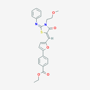 molecular formula C26H24N2O5S B306450 Ethyl 4-(5-{[3-(2-methoxyethyl)-4-oxo-2-(phenylimino)-1,3-thiazolidin-5-ylidene]methyl}-2-furyl)benzoate 
