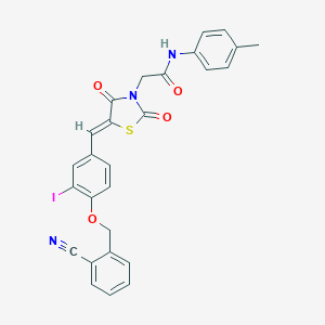 molecular formula C27H20IN3O4S B306452 2-(5-{4-[(2-cyanobenzyl)oxy]-3-iodobenzylidene}-2,4-dioxo-1,3-thiazolidin-3-yl)-N-(4-methylphenyl)acetamide 