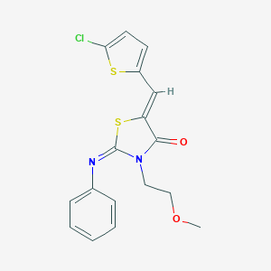 molecular formula C17H15ClN2O2S2 B306453 (2Z,5Z)-5-[(5-chlorothiophen-2-yl)methylidene]-3-(2-methoxyethyl)-2-(phenylimino)-1,3-thiazolidin-4-one 