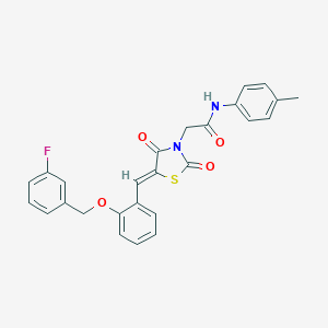 molecular formula C26H21FN2O4S B306477 2-[(5Z)-5-{2-[(3-fluorobenzyl)oxy]benzylidene}-2,4-dioxo-1,3-thiazolidin-3-yl]-N-(4-methylphenyl)acetamide 