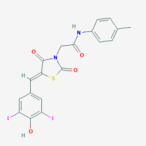molecular formula C19H14I2N2O4S B306480 2-[5-(4-hydroxy-3,5-diiodobenzylidene)-2,4-dioxo-1,3-thiazolidin-3-yl]-N-(4-methylphenyl)acetamide 