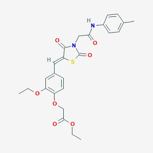 molecular formula C25H26N2O7S B306484 Ethyl [4-({2,4-dioxo-3-[2-oxo-2-(4-toluidino)ethyl]-1,3-thiazolidin-5-ylidene}methyl)-2-ethoxyphenoxy]acetate 