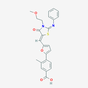 molecular formula C25H22N2O5S B306486 4-(5-{[3-(2-Methoxyethyl)-4-oxo-2-(phenylimino)-1,3-thiazolidin-5-ylidene]methyl}-2-furyl)-3-methylbenzoic acid 