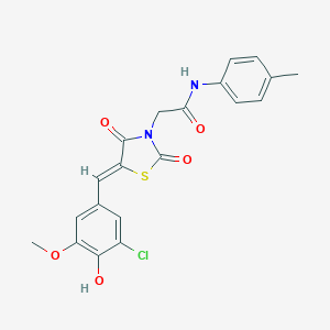 molecular formula C20H17ClN2O5S B306490 2-[(5Z)-5-(3-chloro-4-hydroxy-5-methoxybenzylidene)-2,4-dioxo-1,3-thiazolidin-3-yl]-N-(4-methylphenyl)acetamide 
