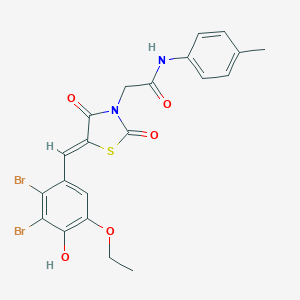 molecular formula C21H18Br2N2O5S B306491 2-[5-(2,3-dibromo-5-ethoxy-4-hydroxybenzylidene)-2,4-dioxo-1,3-thiazolidin-3-yl]-N-(4-methylphenyl)acetamide 