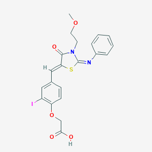 molecular formula C21H19IN2O5S B306493 (2-Iodo-4-{[3-(2-methoxyethyl)-4-oxo-2-(phenylimino)-1,3-thiazolidin-5-ylidene]methyl}phenoxy)acetic acid 