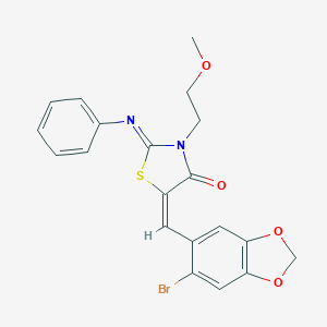 molecular formula C20H17BrN2O4S B306501 (2Z,5E)-5-[(6-bromo-1,3-benzodioxol-5-yl)methylidene]-3-(2-methoxyethyl)-2-(phenylimino)-1,3-thiazolidin-4-one 