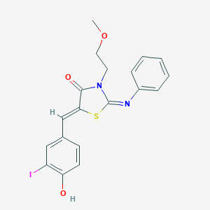 molecular formula C19H17IN2O3S B306519 5-(4-Hydroxy-3-iodobenzylidene)-3-(2-methoxyethyl)-2-(phenylimino)-1,3-thiazolidin-4-one 