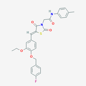 molecular formula C28H25FN2O5S B306520 2-(5-{3-ethoxy-4-[(4-fluorobenzyl)oxy]benzylidene}-2,4-dioxo-1,3-thiazolidin-3-yl)-N-(4-methylphenyl)acetamide 