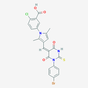 molecular formula C24H17BrClN3O4S B306522 5-{3-[(1-(4-bromophenyl)-4,6-dioxo-2-thioxotetrahydro-5(2H)-pyrimidinylidene)methyl]-2,5-dimethyl-1H-pyrrol-1-yl}-2-chlorobenzoic acid 