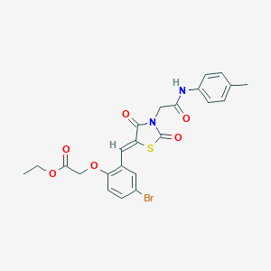 molecular formula C23H21BrN2O6S B306524 Ethyl [4-bromo-2-({2,4-dioxo-3-[2-oxo-2-(4-toluidino)ethyl]-1,3-thiazolidin-5-ylidene}methyl)phenoxy]acetate 