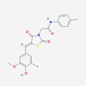 molecular formula C20H17IN2O5S B306528 2-[5-(4-hydroxy-3-iodo-5-methoxybenzylidene)-2,4-dioxo-1,3-thiazolidin-3-yl]-N-(4-methylphenyl)acetamide 