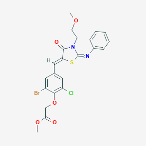 molecular formula C22H20BrClN2O5S B306529 methyl (2-bromo-6-chloro-4-{(Z)-[(2Z)-3-(2-methoxyethyl)-4-oxo-2-(phenylimino)-1,3-thiazolidin-5-ylidene]methyl}phenoxy)acetate 