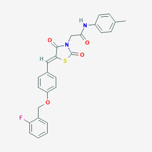 molecular formula C26H21FN2O4S B306535 2-(5-{4-[(2-fluorobenzyl)oxy]benzylidene}-2,4-dioxo-1,3-thiazolidin-3-yl)-N-(4-methylphenyl)acetamide 