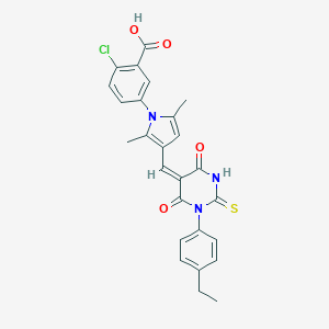 molecular formula C26H22ClN3O4S B306539 2-chloro-5-(3-{(E)-[1-(4-ethylphenyl)-4,6-dioxo-2-thioxotetrahydropyrimidin-5(2H)-ylidene]methyl}-2,5-dimethyl-1H-pyrrol-1-yl)benzoic acid 