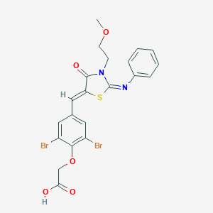 molecular formula C21H18Br2N2O5S B306544 (2,6-Dibromo-4-{[3-(2-methoxyethyl)-4-oxo-2-(phenylimino)-1,3-thiazolidin-5-ylidene]methyl}phenoxy)acetic acid 
