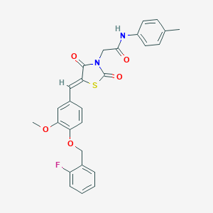 molecular formula C27H23FN2O5S B306546 2-(5-{4-[(2-fluorobenzyl)oxy]-3-methoxybenzylidene}-2,4-dioxo-1,3-thiazolidin-3-yl)-N-(4-methylphenyl)acetamide 