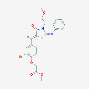 molecular formula C22H21BrN2O5S B306549 Methyl (2-bromo-4-{[3-(2-methoxyethyl)-4-oxo-2-(phenylimino)-1,3-thiazolidin-5-ylidene]methyl}phenoxy)acetate 