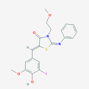 molecular formula C20H19IN2O4S B306550 5-(4-Hydroxy-3-iodo-5-methoxybenzylidene)-3-(2-methoxyethyl)-2-(phenylimino)-1,3-thiazolidin-4-one 