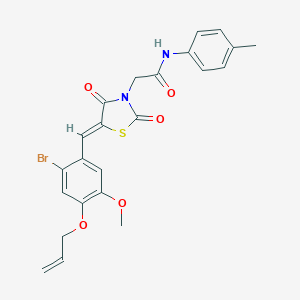 molecular formula C23H21BrN2O5S B306556 2-{5-[4-(allyloxy)-2-bromo-5-methoxybenzylidene]-2,4-dioxo-1,3-thiazolidin-3-yl}-N-(4-methylphenyl)acetamide 
