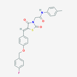 molecular formula C26H21FN2O4S B306557 2-(5-{4-[(4-fluorobenzyl)oxy]benzylidene}-2,4-dioxo-1,3-thiazolidin-3-yl)-N-(4-methylphenyl)acetamide 