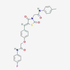 molecular formula C27H22FN3O5S B306563 2-[(5Z)-5-[[4-[2-(4-fluoroanilino)-2-oxoethoxy]phenyl]methylidene]-2,4-dioxo-1,3-thiazolidin-3-yl]-N-(4-methylphenyl)acetamide 