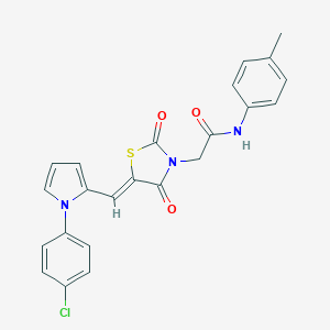 molecular formula C23H18ClN3O3S B306569 2-(5-{[1-(4-chlorophenyl)-1H-pyrrol-2-yl]methylene}-2,4-dioxo-1,3-thiazolidin-3-yl)-N-(4-methylphenyl)acetamide 